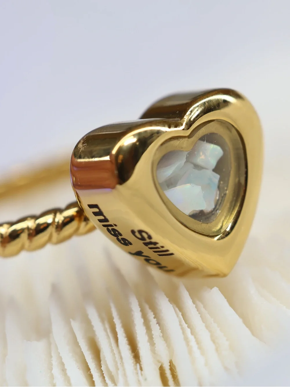 NWT Urn Ring, Gold Heart Ring with Opal-Look Inset - Still miss you Engraved Ash